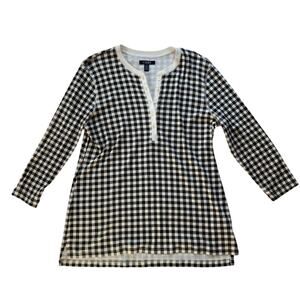 Chaps Micro Plaid Henley Top Size Large 100% Cotton Black White